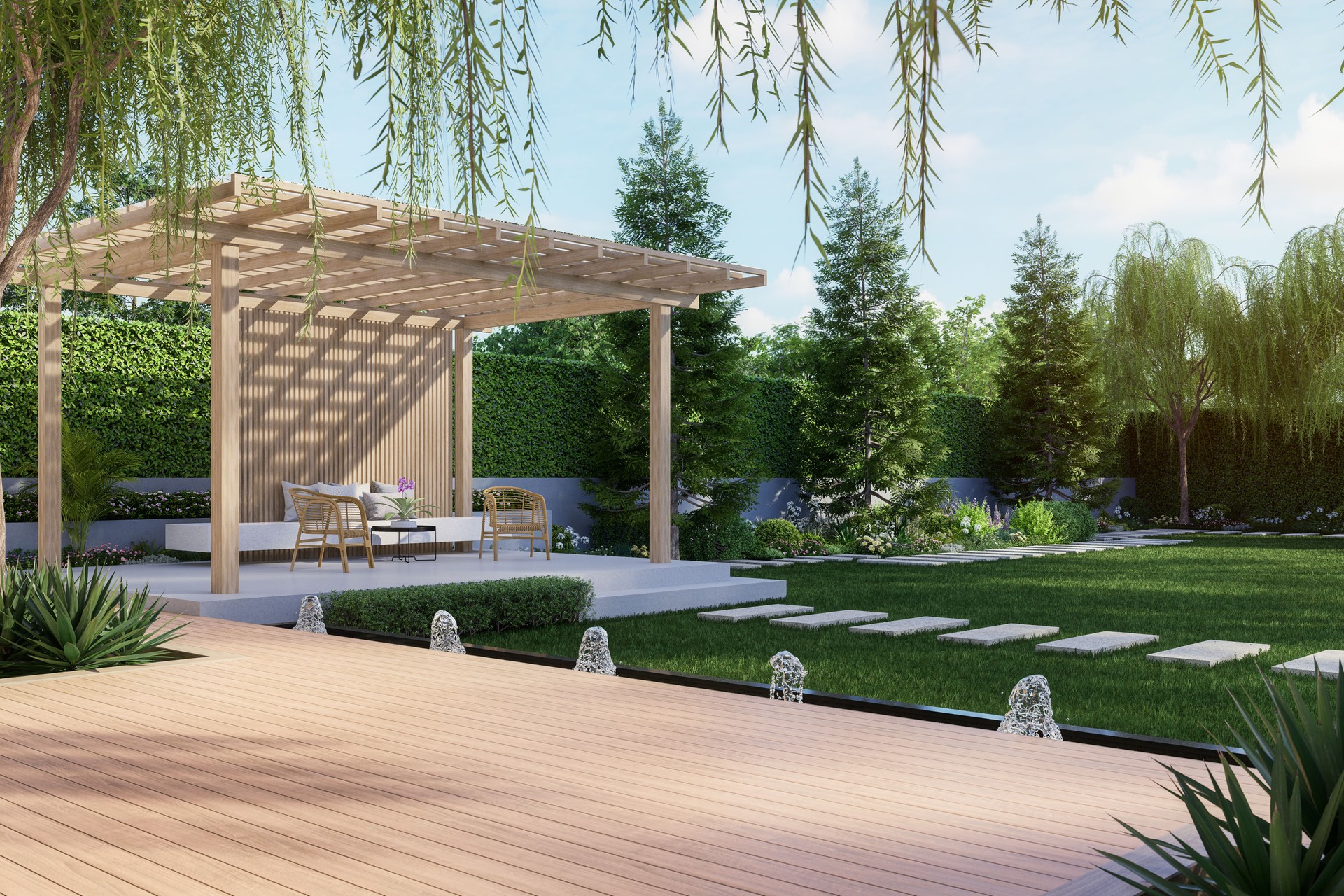 Moderne, moderne leere Holzterrasse im zeitgenössischen Stil mit Blick auf die Natur 3D-Rendering